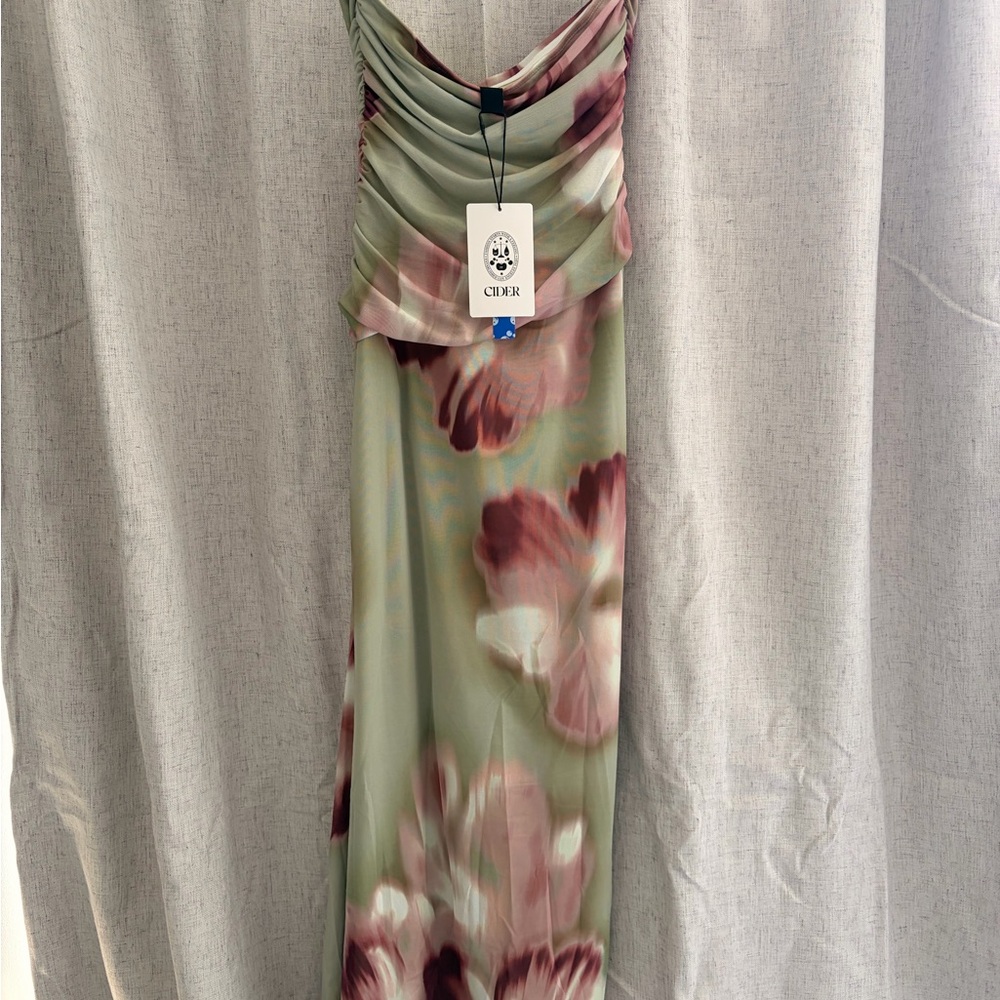 Cider Strapless Mesh Floral Bandeau Dress in Sage and Mauve - Picture 4 of 5